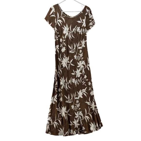 Iolani Dress Womens Medium Brown White Floral Hawaiian Aloha Maxi Cap Sleeve - Picture 1 of 8